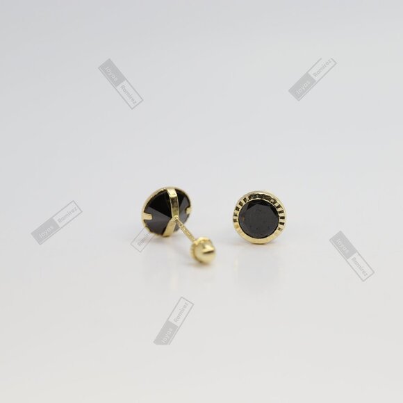 14K Solid Gold Round Black CZ Stud Earrings • 6mm Feminine & Elegant Design. - Picture 6 of 7